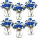 Zeyune 6 Sets Mason Jar Centerpiece Table Decorations, Artificial Peony Baby's Breath Flower Bouquets, Faux Flowers with Vase, Rustic Decor Gifts for Home, Wedding, Holiday (Royal Blue)