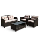 4-Piece Wicker Outdoor Patio Conversation Set Rattan Furniture Set with Beige Cushions and Tempered Glass Coffee Table