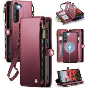 Defencase for Galaxy S23 Magnetic Wallet Case Compatible with Magsafe with RFID Blocking Zipper & Card Holder for Women Men, PU Leather Detachable Phone Case for Samsung Galaxy S23 5G 6.1", Wine Red