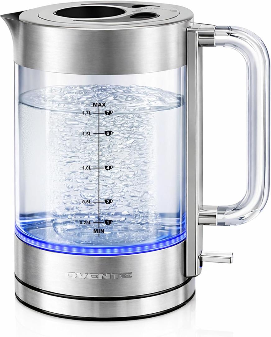 OVENTE Electric Kettle, 1.7L Double Wall Glass Tea Kettle with Stainless Steel Base, Acrylic Handle, 1500W Cordless Fast Boil Borosilicate Water Boiler, Easy Fill Lid & Auto Shut-Off, Silver KG912S