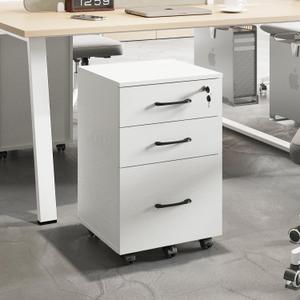 File Cabinet With Lock, 3 Drawer Wood Rolling Filing Under Desk for Home Office, Storage Fits Letter/A4 Size, Mobile Printer Stand, White, 15.5 inches x 26 inches x 15.5 inches