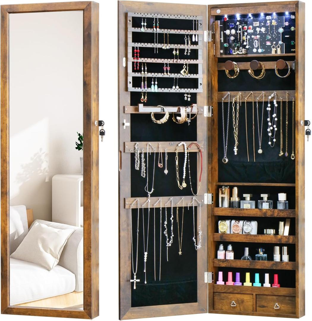 LED Jewelry Cabinet with Mirror - 47.3" Mirror Jewelry Armoire Door Hanging/Wall Mounted Mirror with Storage And Drawers Rustic Brown
