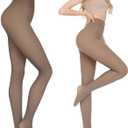 Fleece Lined Tights Women, Sheer Warm Pantyhose Fake Translucent Leggings, Winter Thermal Thick Tights for Women (Brown, S)