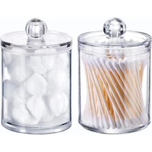 Wellinc Qtip Holder Dispenser for Cotton Ball - 10 oz Clear Plastic Apothecary Jar Set for Bathroom Canister Storage Organization, Vanity Makeup Organizer (2pcs)