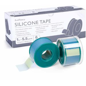 LotFancy Medical Soft Silicone Tape, 1" x 5.5 Yards, 6 Rolls Transparent Adhesive Water-Proof Surgical Tape, Surgery First Aid Tape for Wound and Sensitive Skin