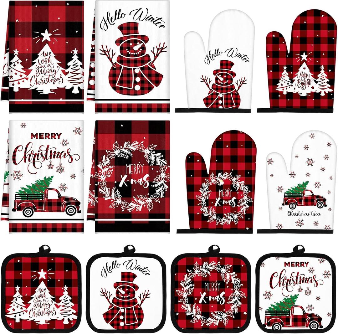 Pickmesh 12 Pcs Christmas Kitchen Towels and Oven Mitt Sets 4 Buffalo Oven Mitts 4 Snowman Dish Towels and 4 Plaid Pot Holders Xmas Tree Cooking Accessories for Winter Holiday Decoration Home Baking