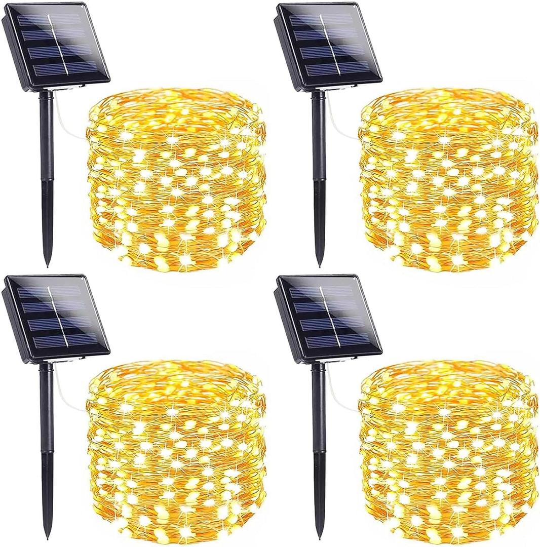 4 Pack Solar String Lights Outdoor - 320LED 132FT Solar Fairy Lights Waterproof 8 Modes, Copper Wire Solar Powered Twinkle Lights for Outside Tree Garden Christmas Wedding Party Decor (Warm White)
