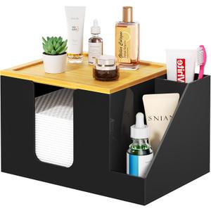 VITVITI Disposable Face Towel Holder Box, Acrylic Clean Skin Club Facial Towel Container with Toothbrush Holders, Large Disposable Face Towels Storage for Bathroom Vanity Makeup, Black