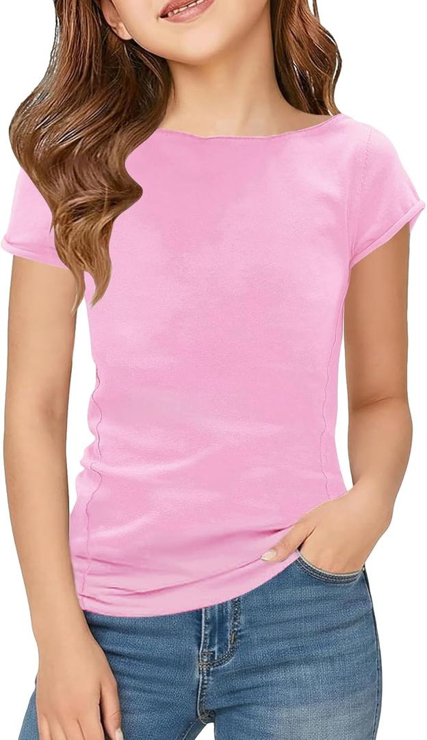Floral Find Girls Raw Cut Cap Sleeve Tee Summer Boat Neck Lightweight Tops Cute Basic T-Shirts, Pink, 12-13Y