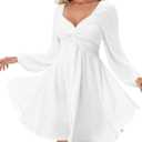 Florboom Women's Sweetheart Knot Front Dress Lantern Long Sleeve Smocked Back A-Line Chiffon Mini Dresses L