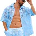 Mens Lace Outfit Set, See-Through Button Down Shirt and Shorts Two-Piece Beach Vacation Outfit (X-Large, Light Blue)
