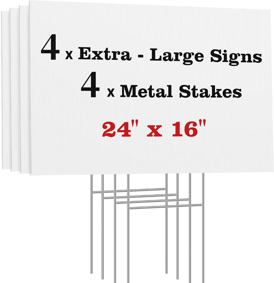 ComboJoy Blank Yard Signs with Stakes, 24 x 16 Inches Corrugated Plastic Custom Sign, Sturdy Stakes and Double-Sided, 4 Pack Large Sign for Garage, Rent, Birthday, Real Estate, Open House, and Guidepost