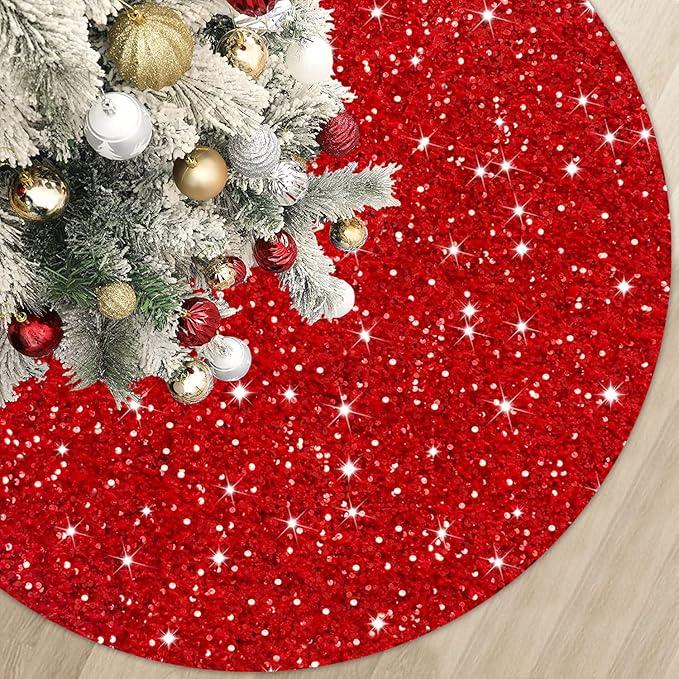 Christmas Tree Skirt 46 Inch Red Xmas Tree Skirt Soft Fabric Tree Skirts Christmas Decorations for Halloween New Year Round Velvet Tree Cover Skirt Sequin Metallic Tree Floor Base Luxury Tree Mat