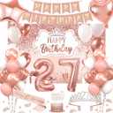 27th Birthday Decorations for Women, 52pcs Sweet Rose Gold Happy 27 Birthday Decorations Including 27th Rose Gold Crown, Sash, Banner, Background for 27 Party Decorations Set
