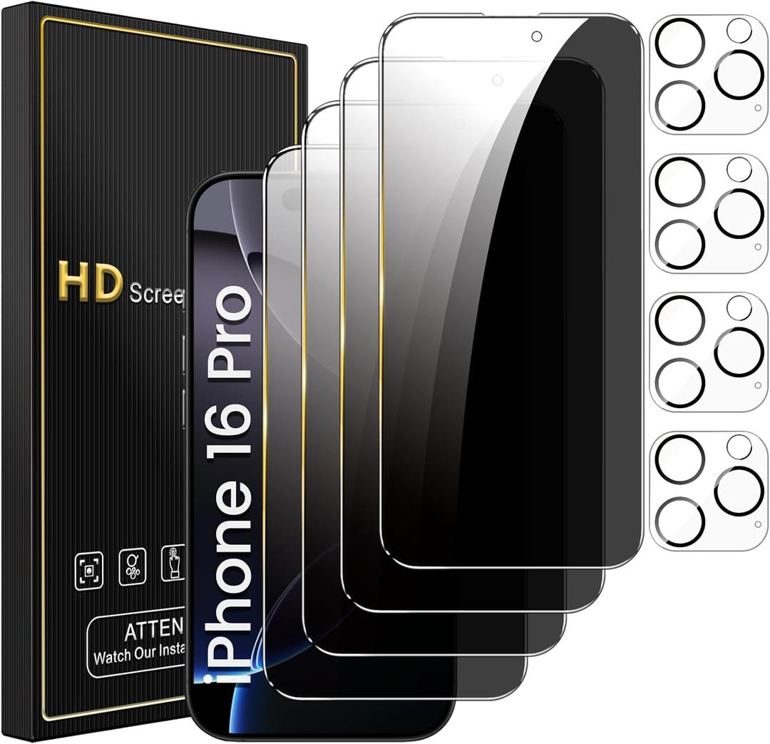 Romkasi 4 Pack Privacy Screen Protector for iPhone 16 Pro 6.3 Inch with 4 Pack Camera Lens Protector, Anti Spy Tempered Glass Film, Anti-Scratch, Touch Sensitive, Case Friendly