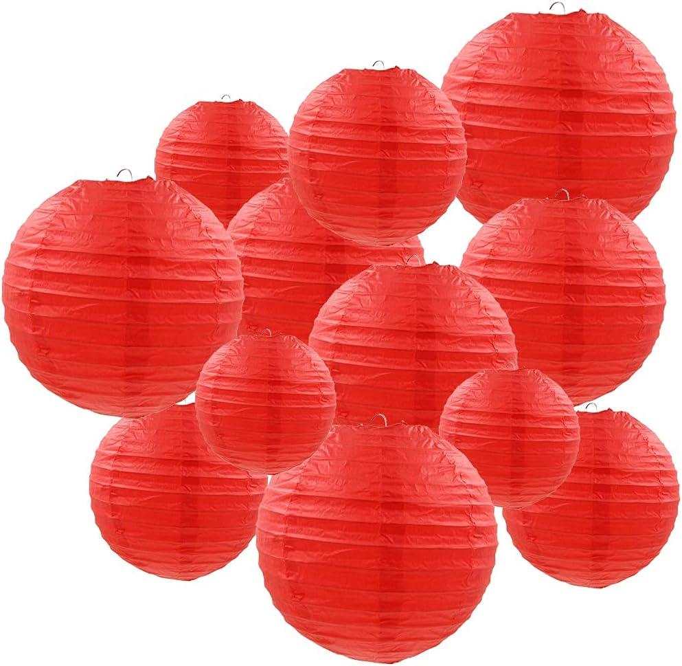 Red Paper Lanterns 12 Pcs Assorted Size of 6" 8" 10" 12" Chinese Round Paper Hanging Decorations Ball Lanterns Lamps for Home Decorations, Parties, and Weddings