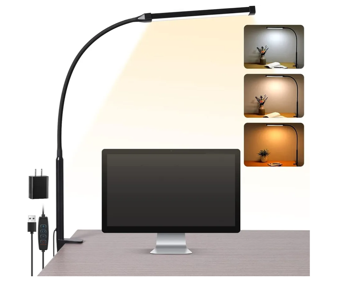LED Desk Lamp with Clamp, Eye-Caring Clip on Lights for Home Office, 3 Modes 10 Brightness, Long Flexible Gooseneck, Metal, Swing Arm Architect Task Table Lamps with USB Adapter, Black