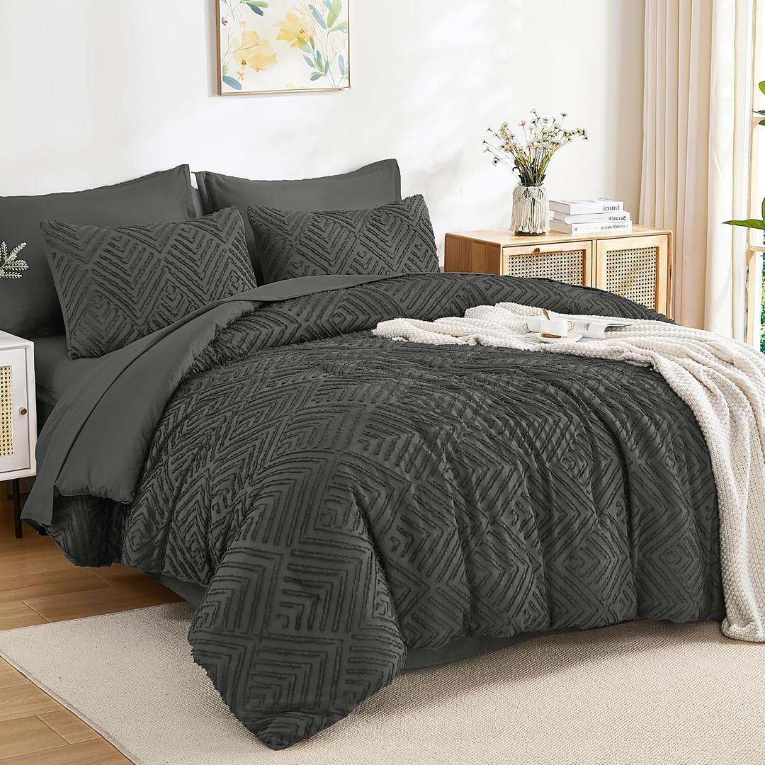 Andency King Size Comforter Set 7 Pieces Dark Grey - Bed in a Bag King Boho Lightweight Fluffy Tufted Bedding Sets with Quilt Comforter, Sheets, Pillowcases & Shams
