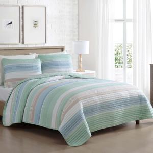 Beatrice Home Fashions Coralinn Striped 3-Piece Quilt Set, Lightweight, All-Seasons, King, Sage Blue