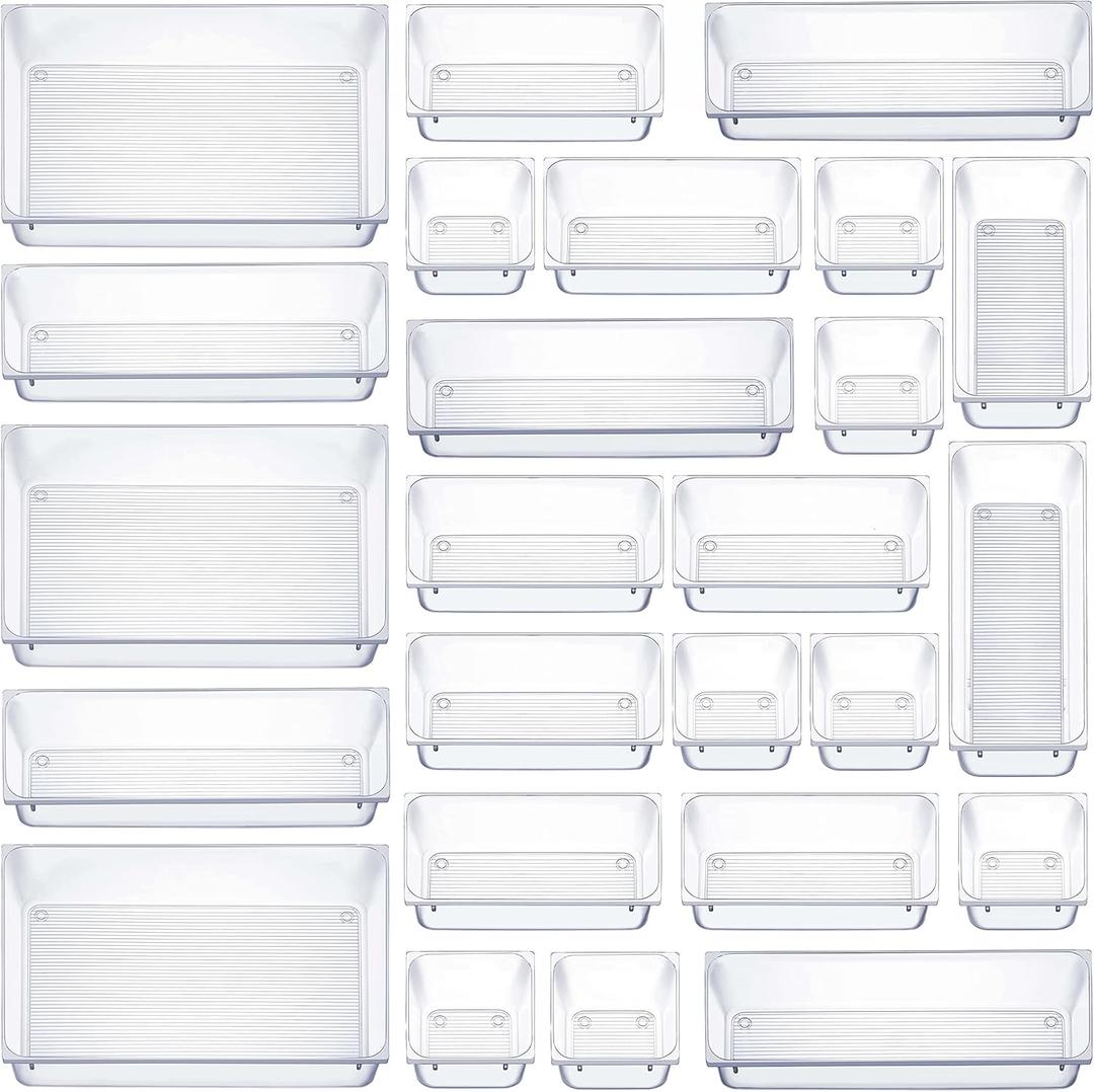 25 PCS Clear Plastic Drawer Organizers Set, 4-Size Versatile Bathroom and Vanity Drawer Organizer Trays, Storage Bins for Makeup, Bedroom, Kitchen Gadgets, Utensils and Office Accessories