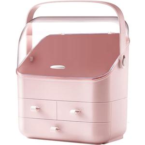 LINFIDITE Cosmetic Storage Box with Lid Waterproof&Dustproof Makeup Organizer Box Portable Handle,Large Makeup Display Case with Drawers Fully Open Lid,Great for Bathroom Countertop Bedroom Dresser (Pink)