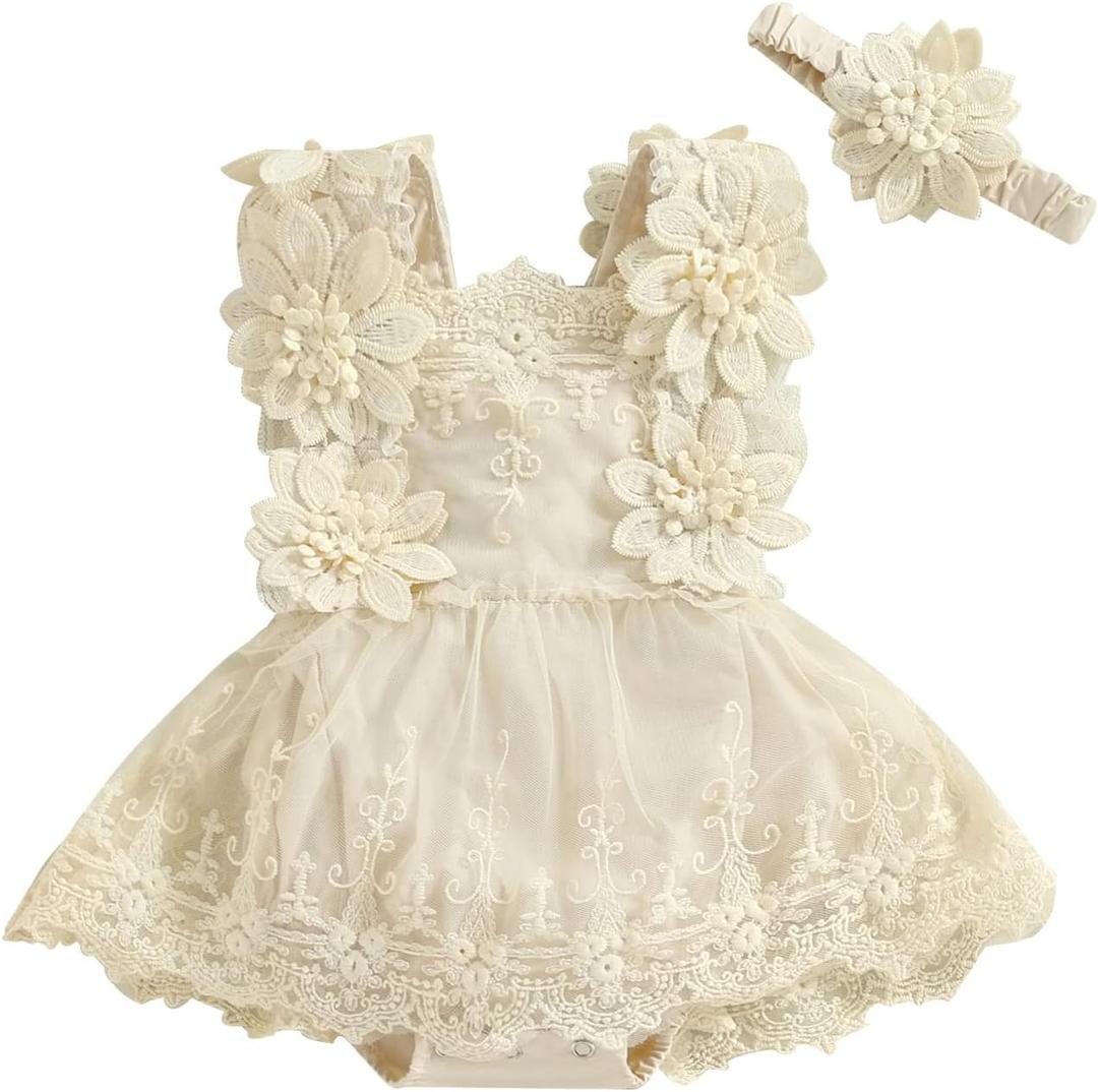 FOMOYUU Newborn Baby Girl Lace Romper Dress Sleeveless Floral Lace Outfits Summer Toddler Clothes with Headband (Apricot, 0-3 Months)