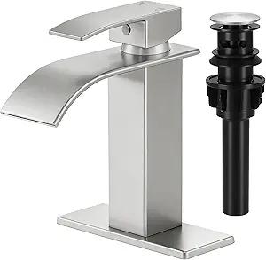 LUFG Bathroom Faucets Brushed Nickel Waterfall Bathroom Sink Faucet Modern Single Handle Bathroom Faucet for 1 or 3 Hole Mxier Tap Washbasin Faucet with Deck, Popup Drain and Supply Hoses