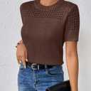 RICHSTORY Womens Spring Fashion 2026 Casual Crewneck Short Sleeve Sweater Soft Lightweight Hollow Out Knit Tunic Blouse Summer Sweater for Women Coffee Large