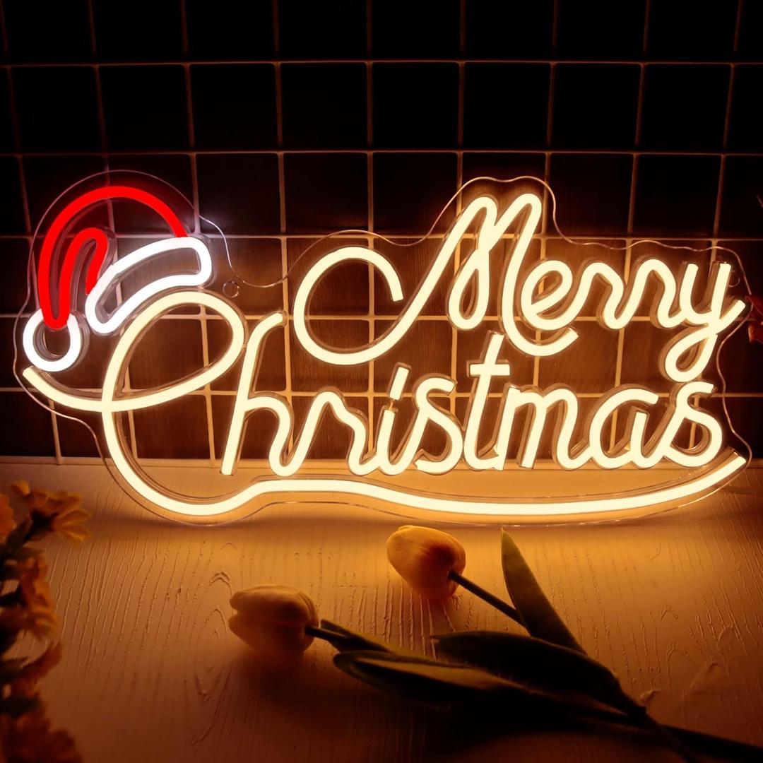 Allball Merry Christmas Neon Signs for Wall Decor, LED Santa Hat Neon Light USB Powered, for Christmas Party Gift Birthday Party Bar Living Room Bedroom Children'S Room Wall Decor(16.8 * 8.2 In)