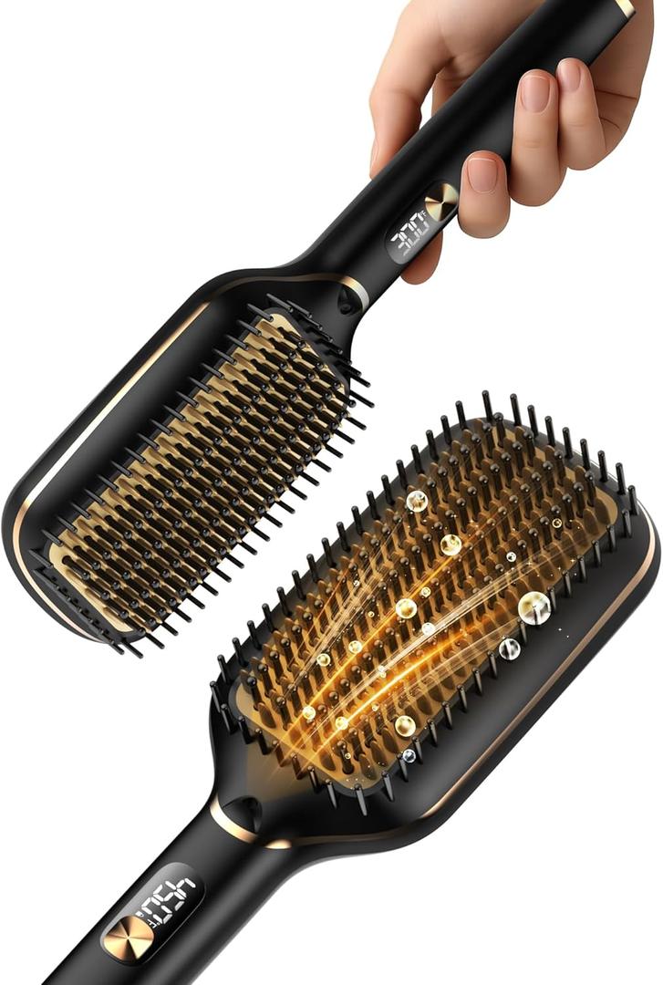 PRITECH Hair Straightener Brush - Upgraded Ionic Plus, Dense Bristles, 5 Temps, 20s Fast Heat, Anti-Scald, Dual Voltage | Ceramic for Thick/Curly Hair (Black Gold)