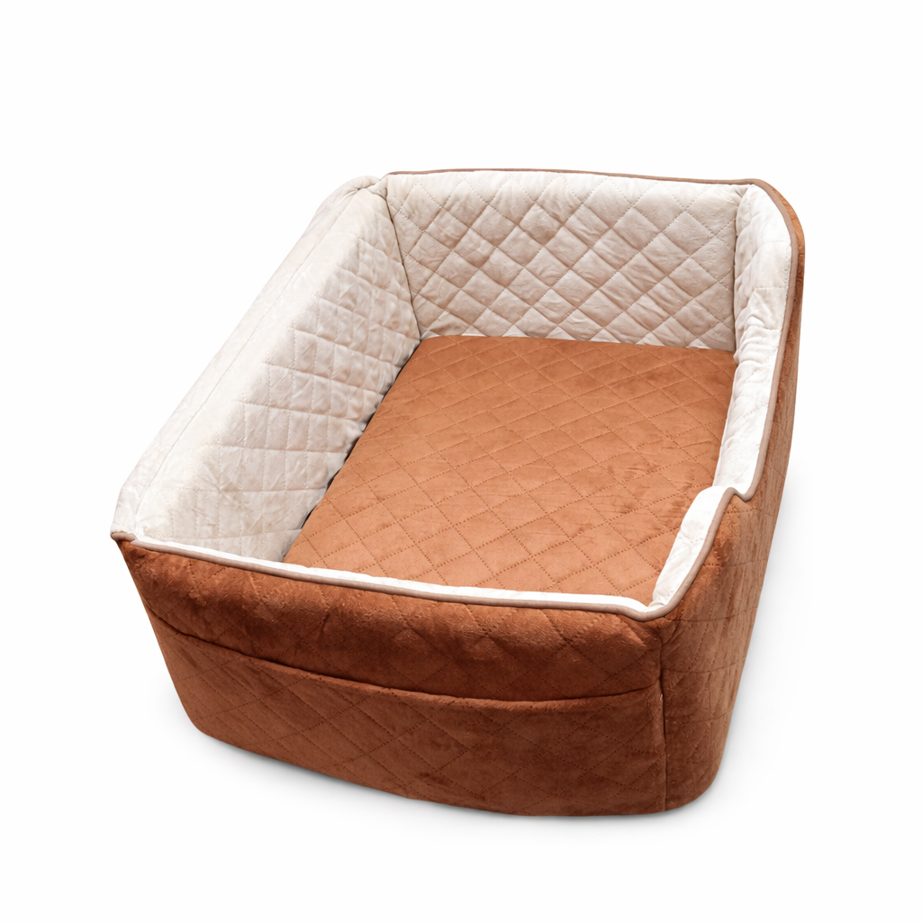 Dog Car Seat for Large Medium Size Puppy Dog,Soft Fabric Dogs Bed Filling Memory Foam,2 Clip-On Safety Leashs and 2 Pockets,Removable and Washable Comfy Pet Travel Car Seat White/Brown