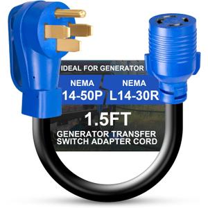 NEMA 14-50P to L14-30R Generator Transfer Switch Adapter Cord, 50A Male to 30A Female 250V/125V Generator RV EV Dryer House Adapter Plug, Twist Lock 4-Prong, STW 10AWG Heavy Duty Cable, 18 Inch