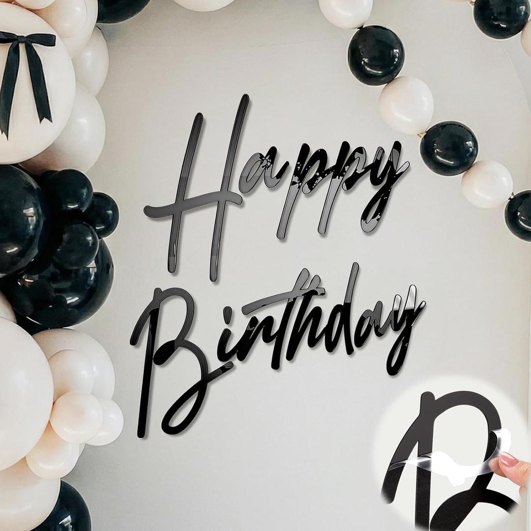 Yousoontic Happy Birthday Sign for Backdrop Large Happy Birthday Sticker Letter Acrylic Mirror Decal for Balloon Arch Party Sign Wall, Peel Off the Acrylic Film(23 x 20 Inches,Classic,Black)