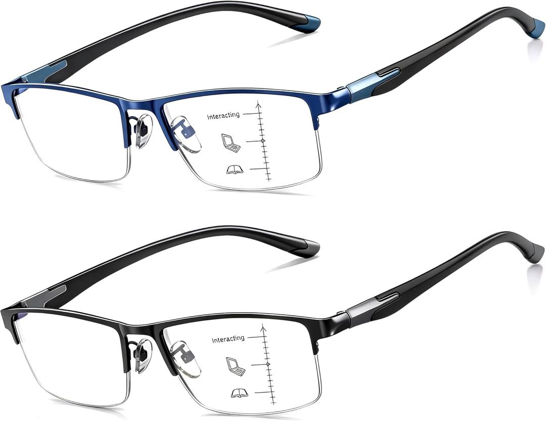 CARA Progressive Multifocus Reading Glasses Men Lightweight Metal Half Frame TR90 Temples Anti-Blue Light Computer Readers (1.75x)