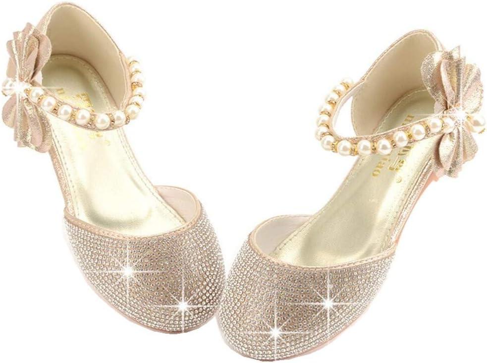 GOJERP Toddler Little Girl's Adorable Mary Jane Dress Shoes, Pearl Bow Ballet Flats for Girl Wedding Party School Shoes (Golden, Numeric_8)