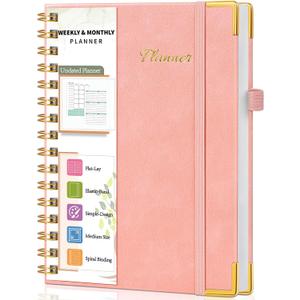 Undated Weekly Planner, Hardcover Leather Weekly & Monthly Calendar Blank Planner, To Do List Notebook with Goal & Habit Tracker Organizer, A5 Daily Planner with Spiral Binding, Ideal for Work School Home, Pink
