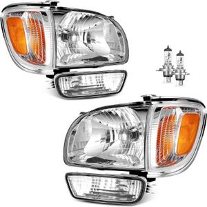 for 2001 2002 2003 2004 Toyota Tacoma Headlights Assembly Replacement for 01-04 Tacoma Headlight+Corner Parking Signal Lights+Bumper Light (Polished Chrome | With High & Low Beam Bulbs)