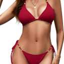 Zilcremo Women Two Piece Bikini Swimsuit Triangle Tie Bathing Suit Beads Cheeky String Bikini Sets (Medium, Red)
