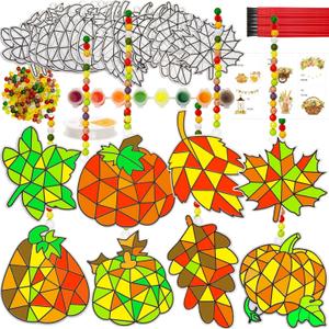 WorldBazaar Fall Pumpkin Suncatchers Craft for Kids 24 Sets Thanksgiving Window Art Suncatchers Ornaments Decoration Harvest Classroom Activity Party Supplies