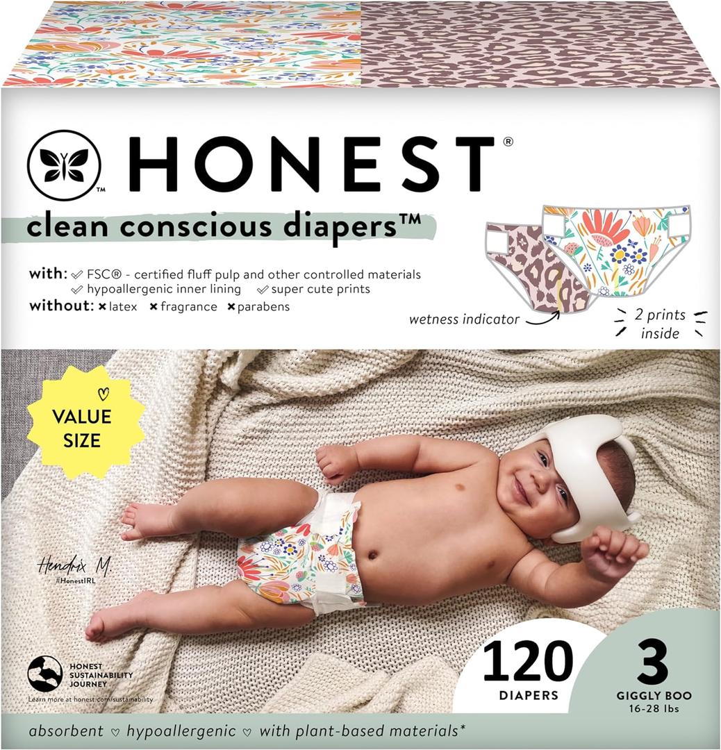 The Honest Company Clean Conscious Diapers for Sensitive Skin | Hypoallergenic, Fragrance Free | Girl Prints | Super Club Box, Size 3 (16-28 lbs), 120 Count (Size 3 (120 Count), Wild Thang + Flower Power)