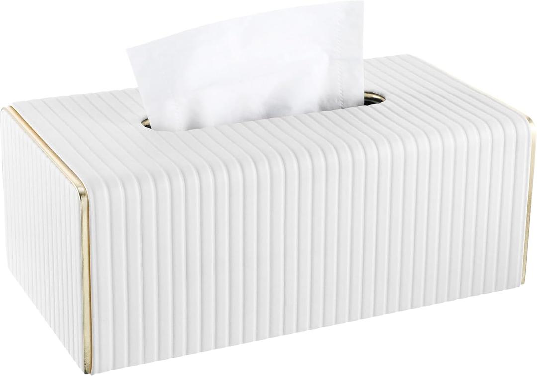 Tissue Box Cover Rectangle, PU Leather Tissue Holder with Magnetic Closure and Gold Trim for Bathroom, Decorative Tissues Box Holder for Toilet Bedroom Living Room Table Desk Office (White, Rectangle)