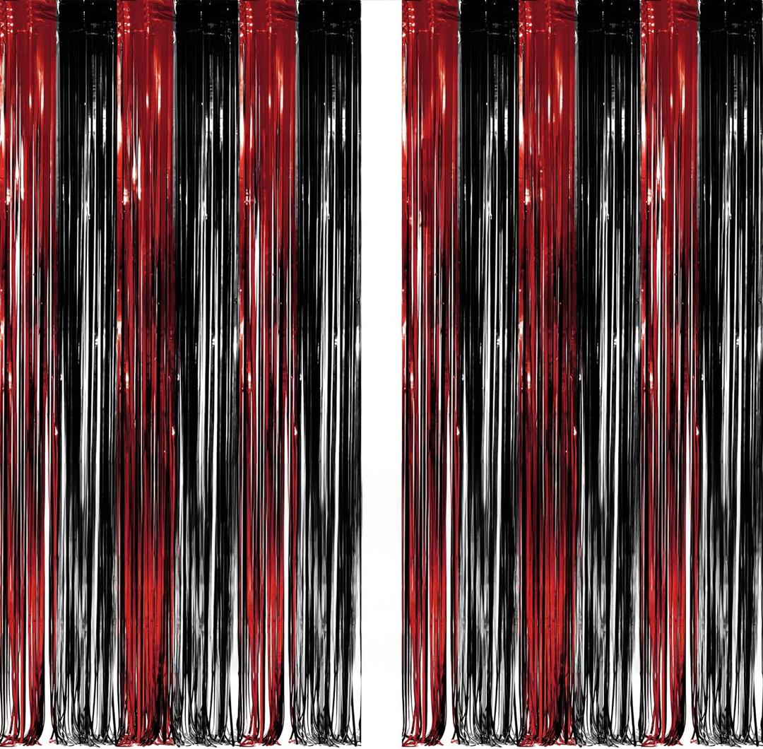 Black Red Party Streamers Backdrop - GREATRIL Foil Fringe Tinsel for Stranger/Friday Party/Halloween Party Decorations - 3.2ft X 8.2ft - 2 Packs