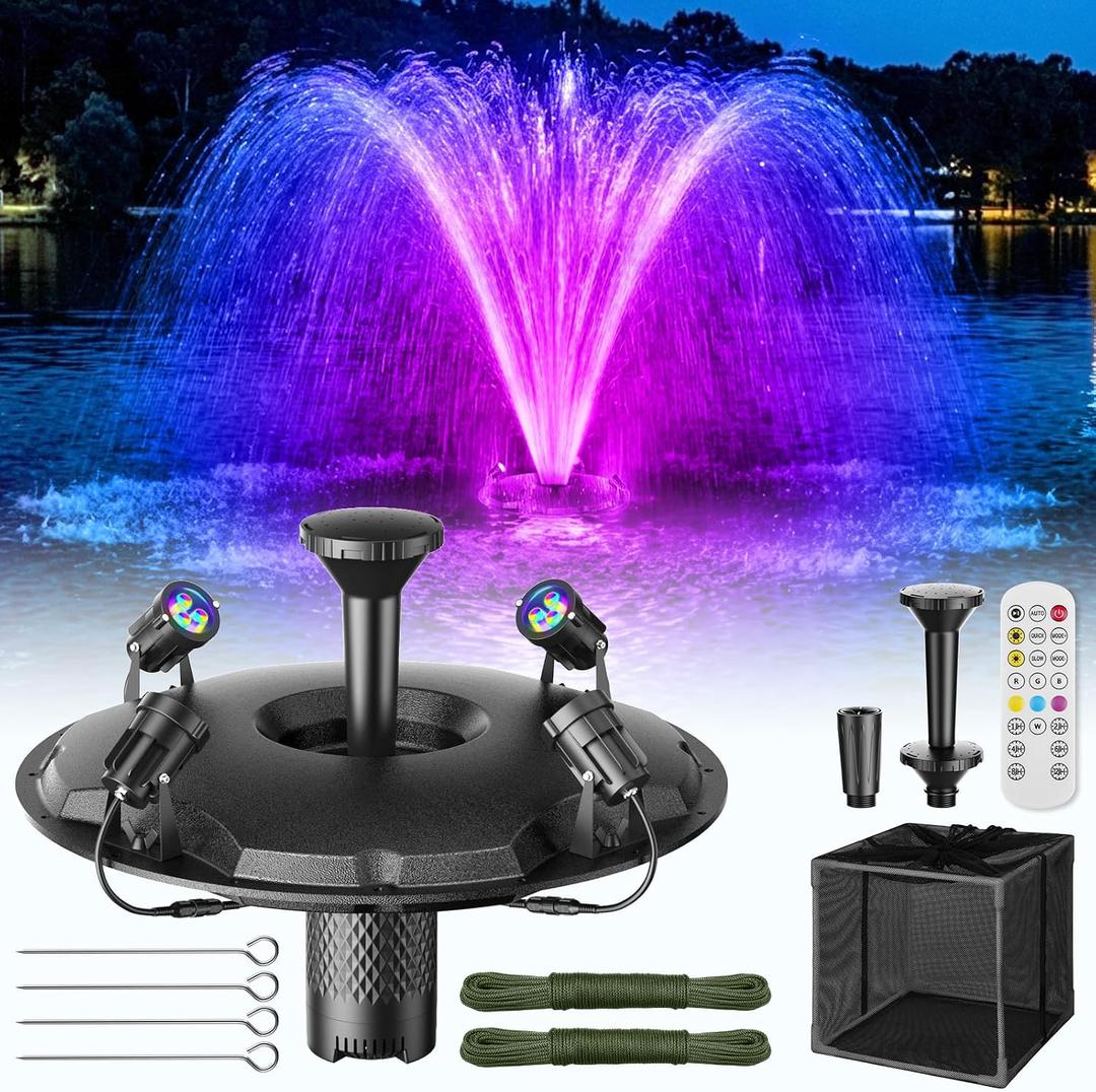 Antfraer Floating Fountain with LED Lights, RGB Pond Fountain with 1200GPH Pond Pump & 30FT Cord, 3 Water Spray Styles Aerator Pump Kit with Remote Control for Ponds, Lakes, Water Garden
