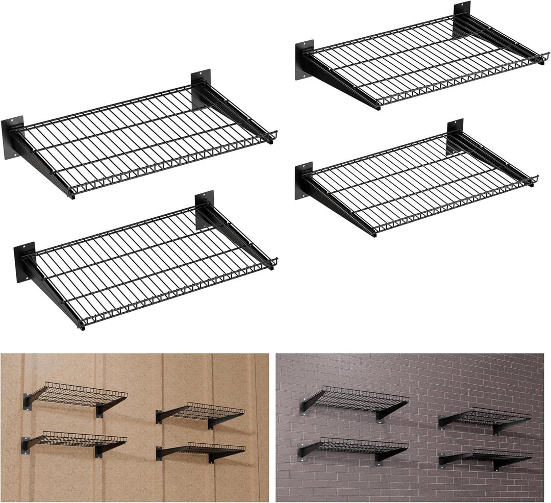 Garage Wall Shelving 24"x16.5" 4-Pack, Wall Mounted Shelves, Black | Heavy Duty, Adjustable Garage Shelving Wall Mounted, Metal Wall Shelves, for Garage & Workshop, Total 400 lbs Load Capacity