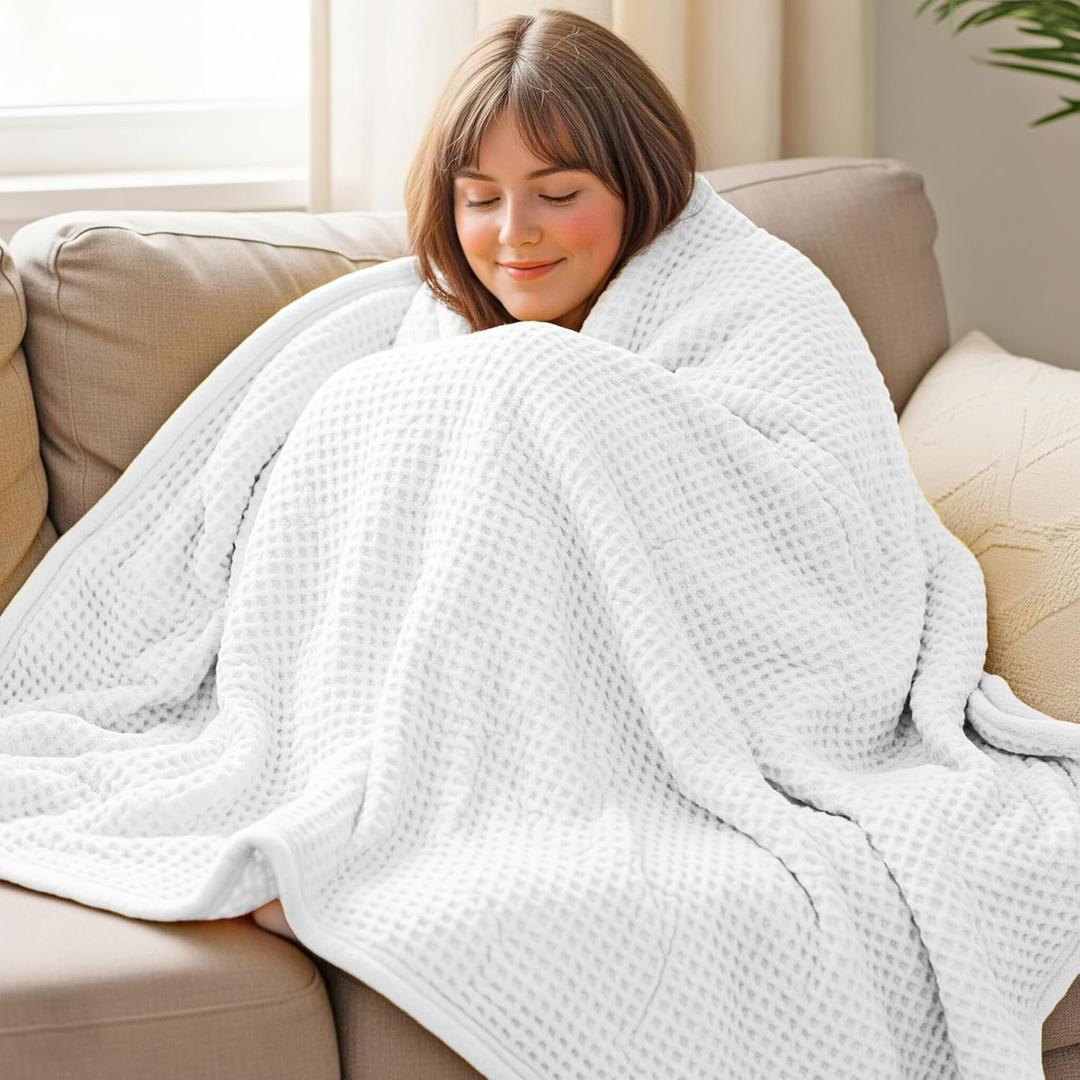 THREAD SPREAD 100% Cotton Waffle Twin Size Blanket for Bed - Soft Lightweight Breathable Waffle Weave Twin Blanket for All Season, Textured Throw Blankets for Bed, Sofa, Hotel, Hospital - White