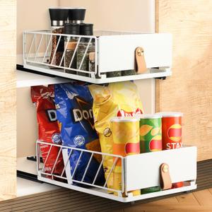 No Drill Pull Out Organizer Drawer,Slide Out Nano Adhesive Mesh Basket with Genuine Leather Handle for Pantry Cabinet Shelf Kitchen/Bathroom/Office Desk Storage,15.86"D x 9.84"W x 4.3"H-1 White