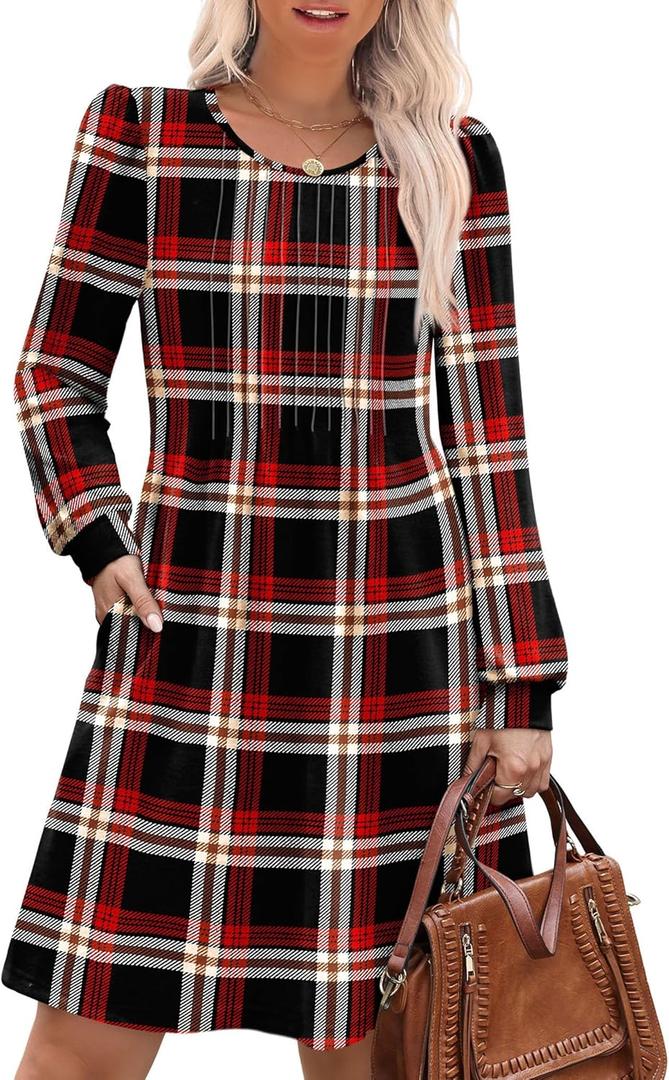 OFEEFAN Long Sleeve Dress for Women Pleated Crew Neck Casual Babydoll Sweater Dress with Pockets Fall Outfits Fashion (Large, Red Black Plaid)