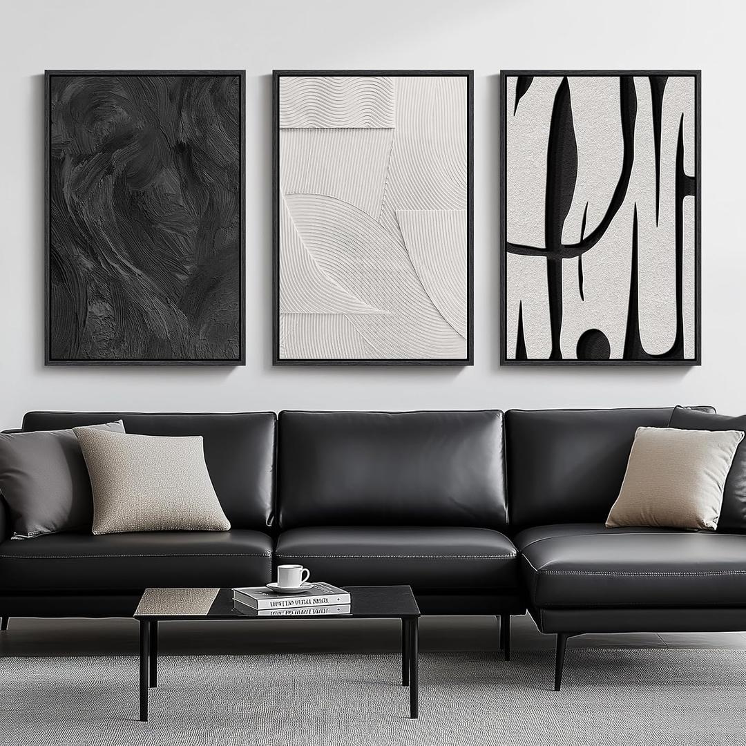Large Framed Black and White Abstract Wall Art for Living Room, 3 Piece Big Modern Canvas Prints Paintings Artwork for Walls, Minimalist Abstract Art Pictures for Hallway, Office Wall Decor 24x36 In, 24" W x 36" H x 3Pcs