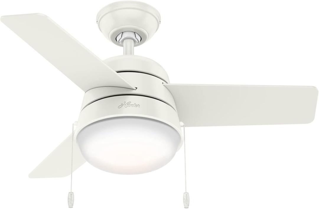 Hunter 36 inch Small Indoor Ceiling Fan with LED Light and Pull Chain - Modern Ceiling Fan, Standard Mount, 3 Blades, For Bedroom, Home Office, or Laundry Room, Quiet - Aker 59301, Fresh White
