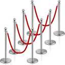 Ferraycle 8 Pcs Stainless Steel Stanchion Post Queue 5 ft Velvet Carpet Ropes and Pole Crowd Control Barriers Sand Injection Hollow Base and Velvet Ropes Set for Party Supplies (Silver)